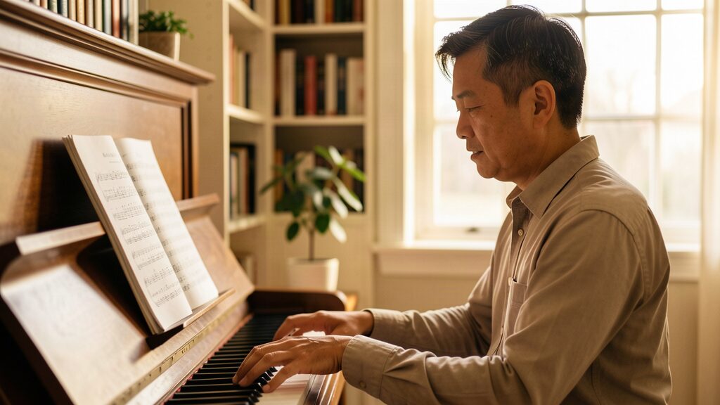 An adult student reading sheet music during a lesson