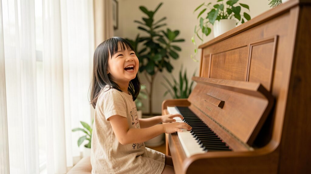 A young girl laughing while playing an upright piano at home