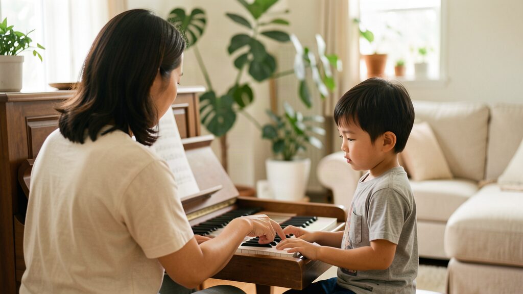 Sally pointing out a passage to a student at the piano