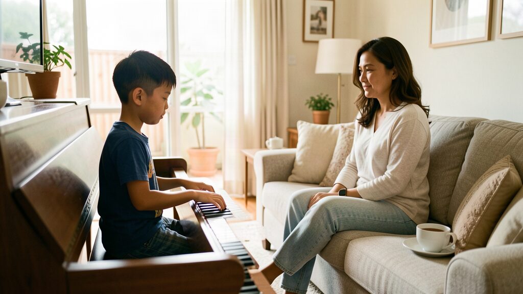 A boy practising piano at home while his mother listens