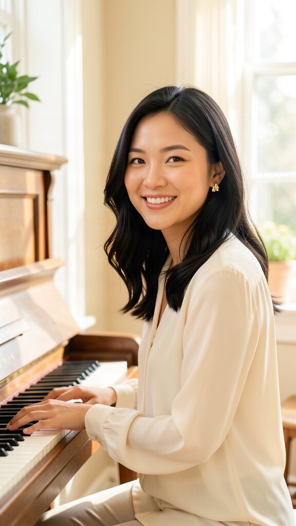 Sally Chang, piano teacher, beside her grand piano