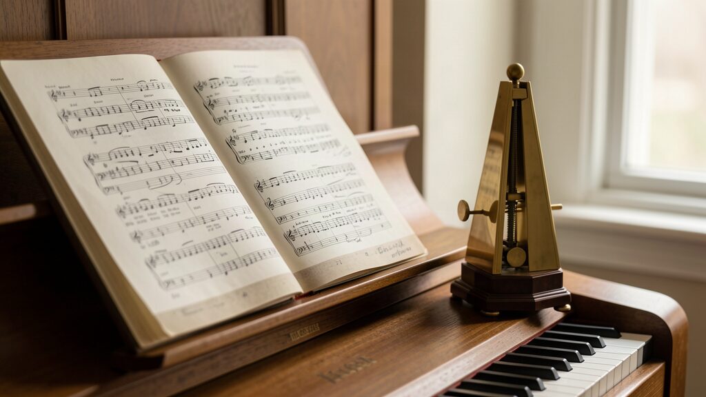Sheet music and a brass metronome on a piano stand