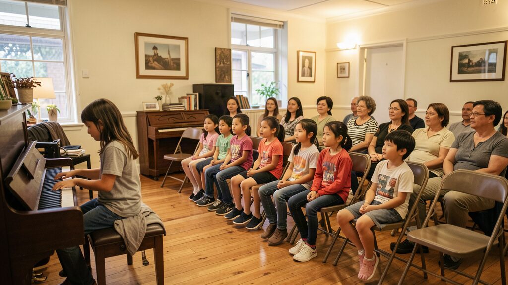 Families and students at a small student concert