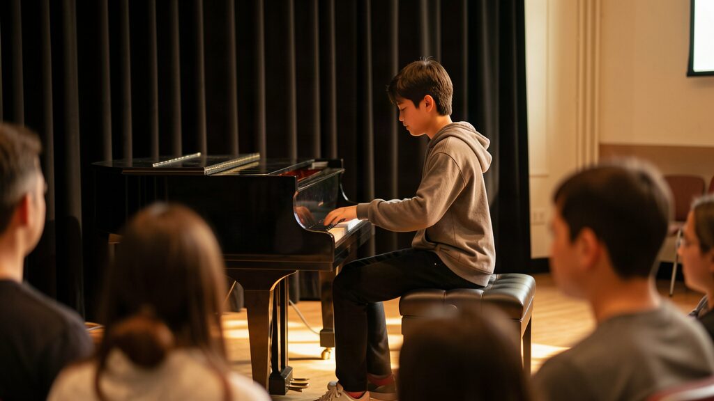 A teenage student performing on stage at a student concert